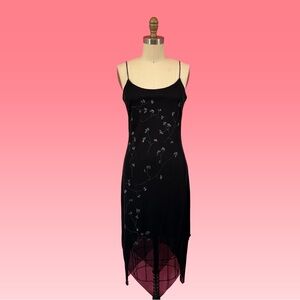 Vintage 90s/Y2K Asymmetrical Fairy Hem Spaghetti Strap Glitter Floral Midi Dress